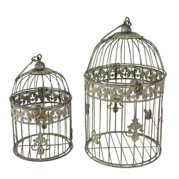 Set 2 cages rondes suspendues vert patiné 19x40cm