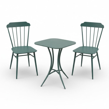Ensemble table et 2 chaise en fer vert 60x60x71cm