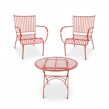 Ensemble table et 2 chaises en fer rouge