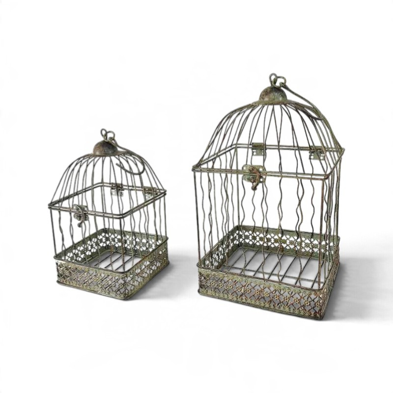 Set 2 cages carrées suspendues vert patiné 18x18x40cm
